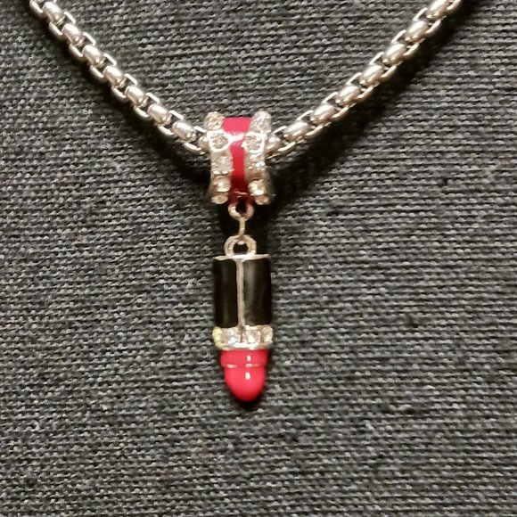 Black and Red Crystal  Rhinestone Lipstick Necklace - Picture 3 of 4